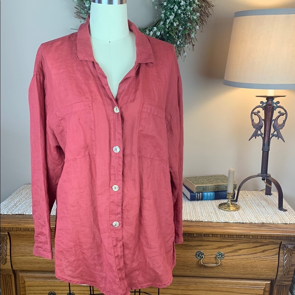 Vintage Timbuktu Station Women’s Rust  Linen Button Up Shirt Size Medium